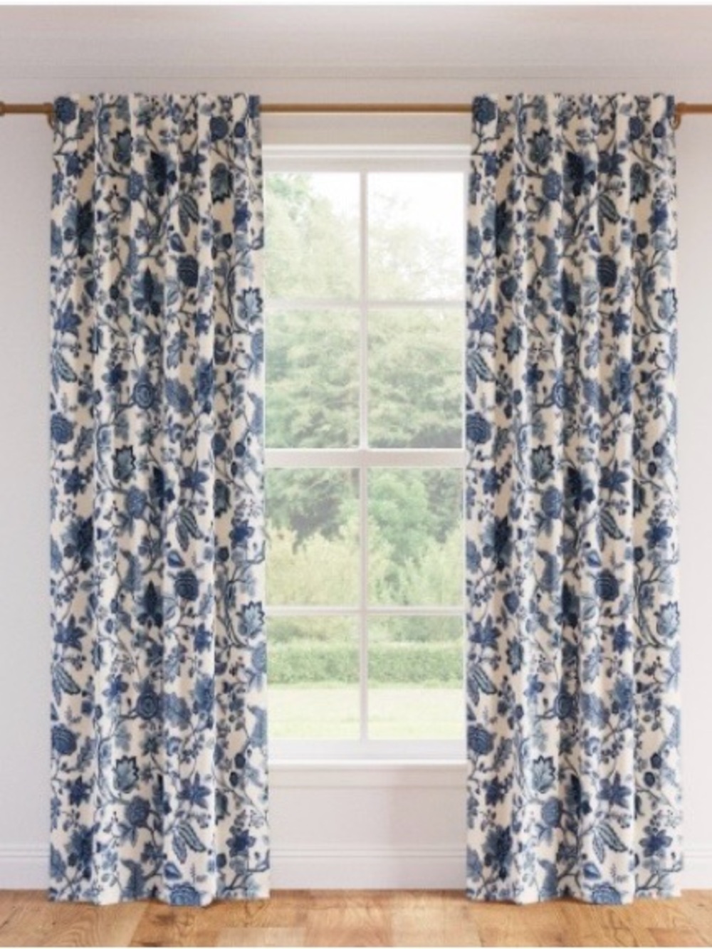Blue Floral Drapery Panels on Cream Background
